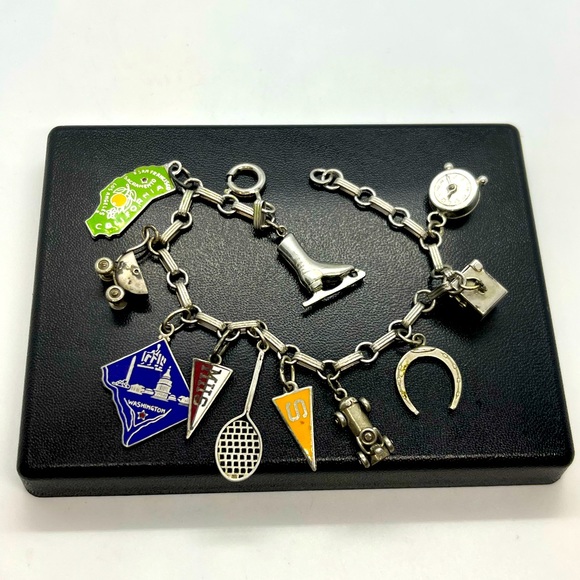 Vintage sterling silver charm bracelet enamel 11 charms some movable - Picture 1 of 16
